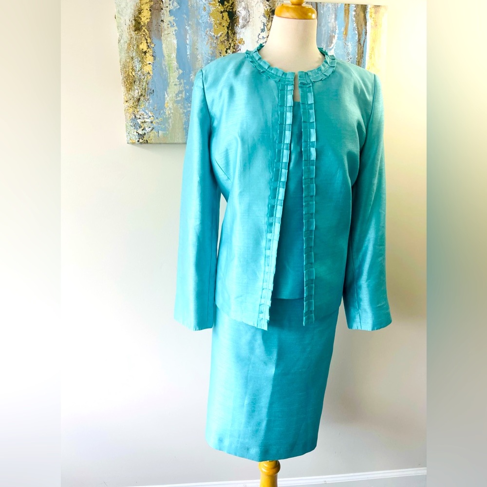 KASPER  Women 3PCS Gorgeous Teal Blue Polyester Blend  Skirt Suit Size 16